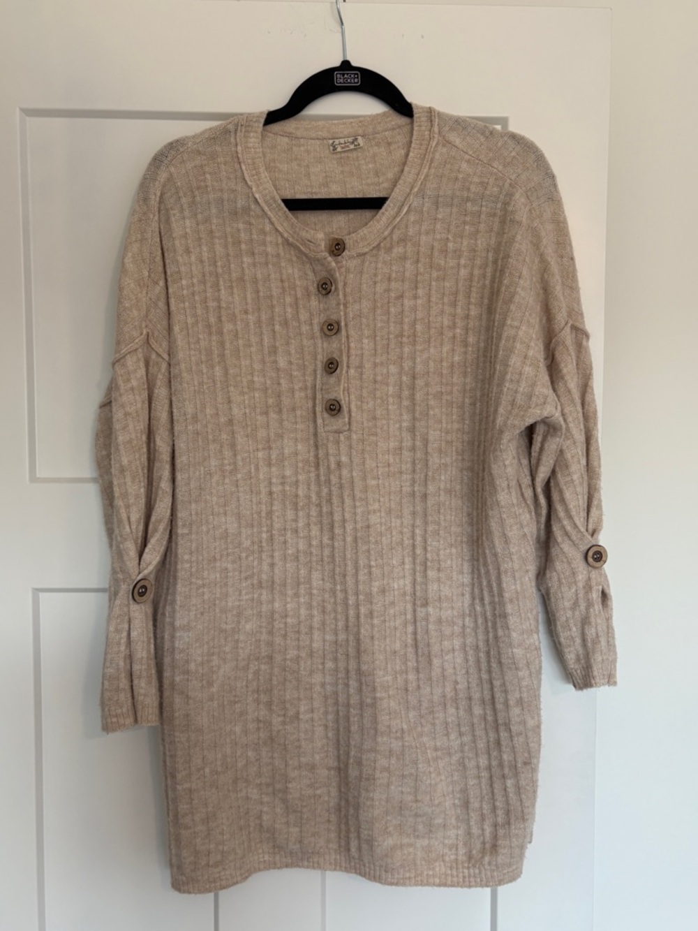 Free People Beige Ribbed Button Henley Sweater Tunic